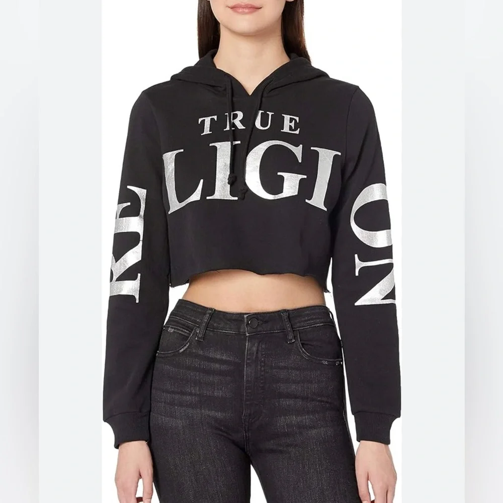 NEW True Religion Women's Long Sleeve Pullover Crop Hoodie Sweatshirt - Large - Picture 2 of 3